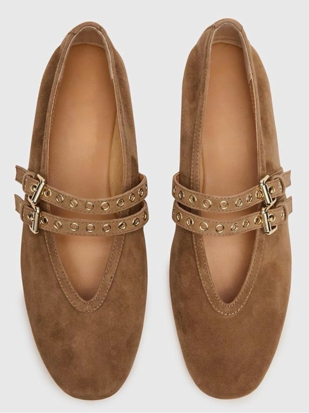 Suede Double-Strap Mary Jane Flats in Brown